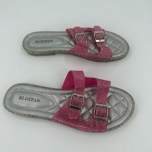 Elditas Slide Sandals Womens US 9W Silver Pink Rhinestone Comfort Buckle Detail